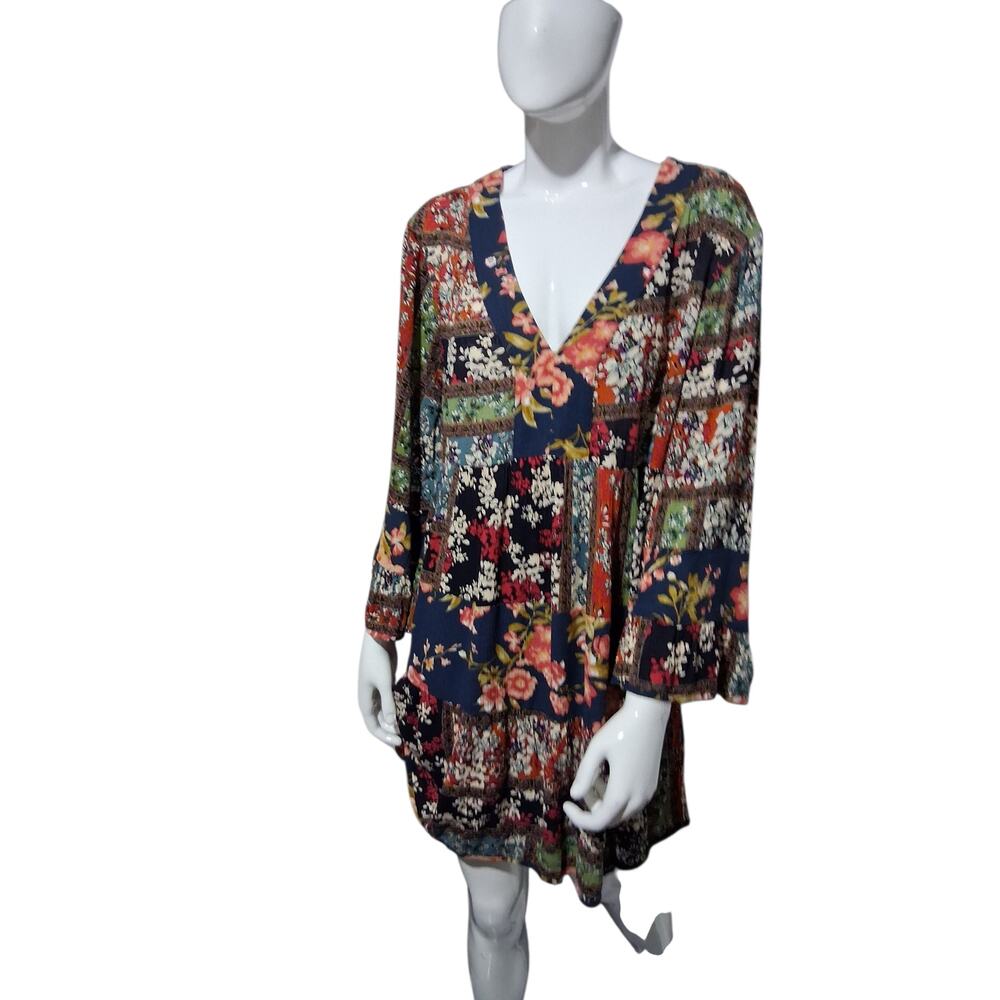 Entro Patchwork Floral Women's size Large Bohemian Cottagecore Bell Sleeve Dress
